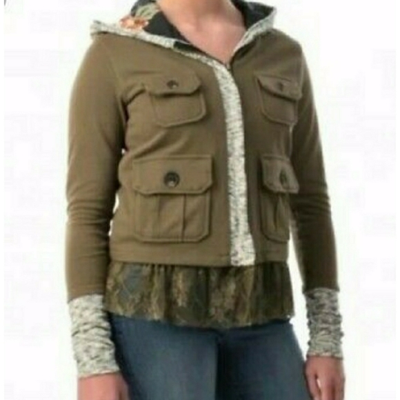 Anthropologie Olive Green Hooded Jacket With Lace Trim! - Picture 2 of 8